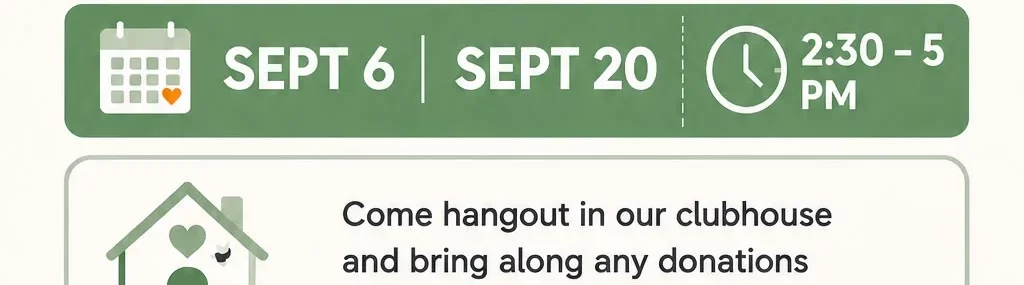 Play and Connect with donation drop offs September 6 and 20 from 2:30-5:00pm