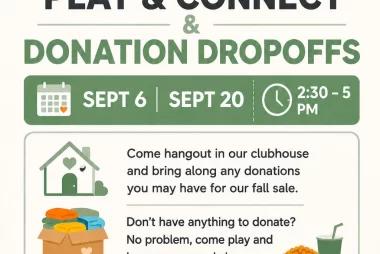 Play and Connect with donation drop offs September 6 and 20 from 2:30-5:00pm